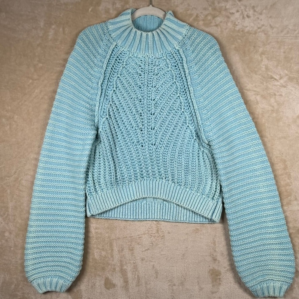 Free People XS Aqua Blue Cotton Chunky Knit Mock Neck Cropped Sweater Oversized